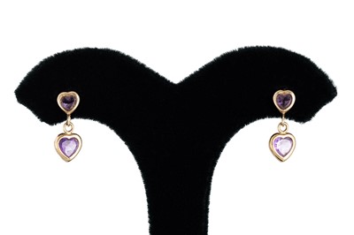 Lot 84 - A PAIR OF AMETHYST DROP EARRINGS,  the heart...