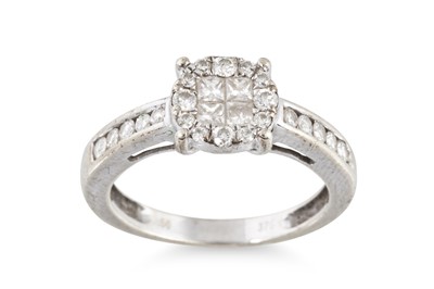 Lot 108 - A DIAMOND CLUSTER RING, the princess cut...