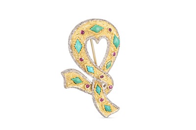 Lot 254 - A VINTAGE BOW STYLE BROOCH, set with turquoise...