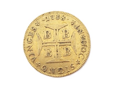 Lot 394 - A 1718 4000 REIS BRAZIL GOLD COIN, 10.7g,...