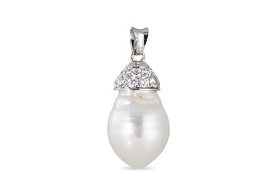 Lot 130 - A BAROQUE PEARL PENDANT, to a pavé diamond set...