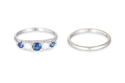 Lot 219 - A SAPPHIRE AND OPAL FIVE STONE RING, mounted...