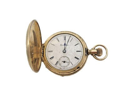 Lot 409 - AN ANTIQUE HAMILTON GOLD FILLED FULL HUNTER...