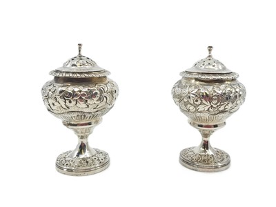 Lot 388 - A PAIR OF WILLIAM IV SILVER EMBOSSED POTS,...
