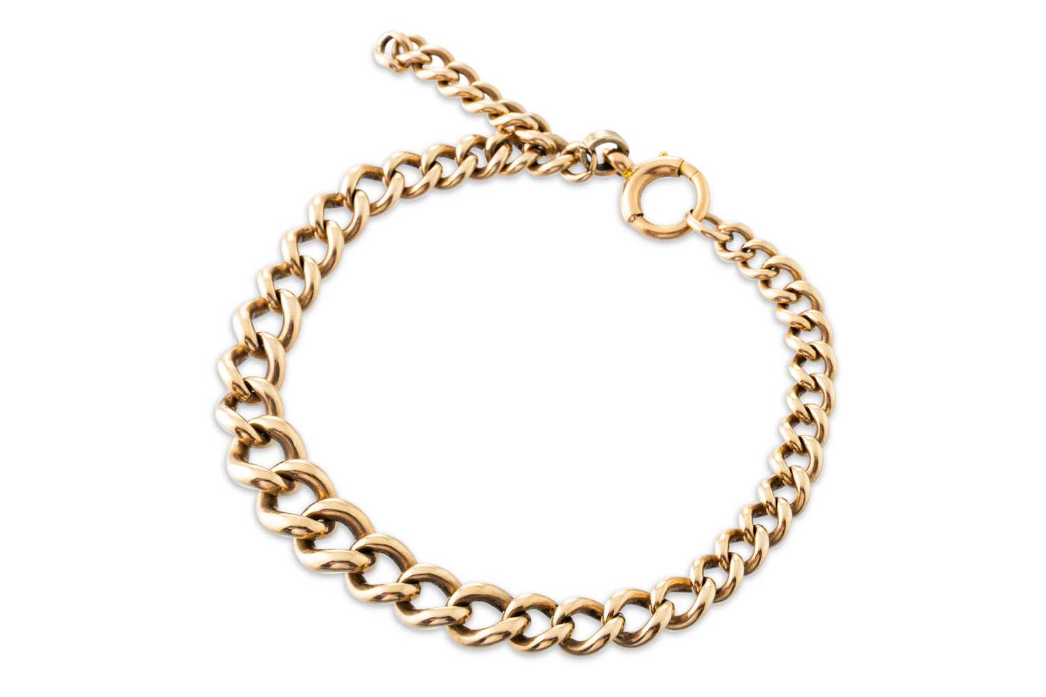 Lot 129 - AN ANTIQUE GOLD GRADUATED CURB LINK BRACELET,...
