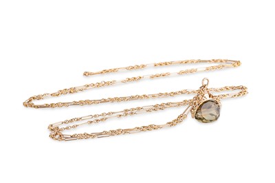 Lot 13 - AN ANTIQUE GOLD MUFF CHAIN, set with citrine...