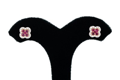 Lot 14 - A PAIR OF DIAMOND AND RUBY CLUSTER EARRINGS,...