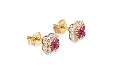 Lot 14 - A PAIR OF DIAMOND AND RUBY CLUSTER EARRINGS,...