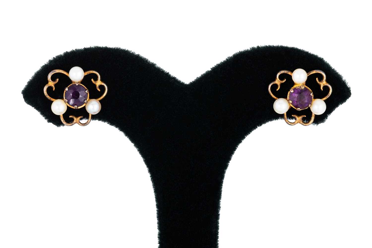 Lot 24 - A PAIR OF AMETHYST AND PEARL EARRINGS, the...
