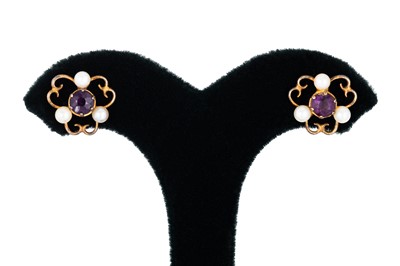 Lot 24 - A PAIR OF AMETHYST AND PEARL EARRINGS, the...
