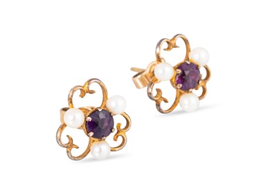 Lot 24 - A PAIR OF AMETHYST AND PEARL EARRINGS, the...