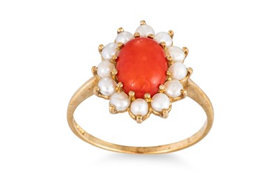 Lot 28 - A CORAL AND PEARL CLUSTER RING, the central...