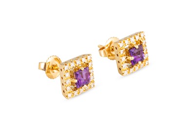 Lot 32 - A PAIR OF 18CT GOLD DIAMOND AND AMETHYST...