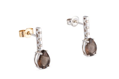 Lot 85 - A PAIR OF 9CT GOLD SMOKEY QUARTZ AND DIAMOND...