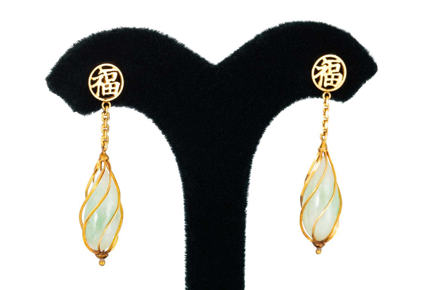 Lot 102 - A PAIR OF JADE EARRINGS, to 18ct yellow gold...