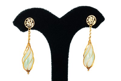 Lot 102 - A PAIR OF JADE EARRINGS, to 18ct yellow gold...