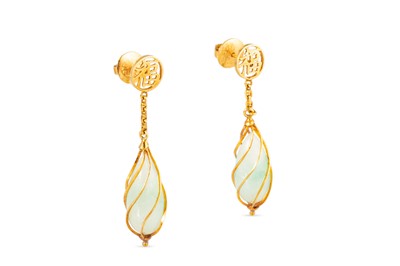 Lot 102 - A PAIR OF JADE EARRINGS, to 18ct yellow gold...