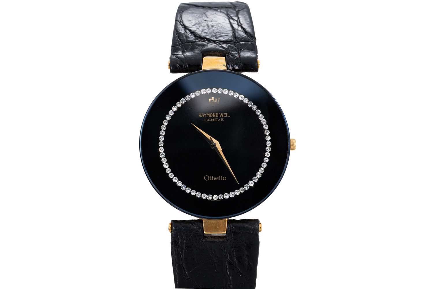Lot 345 - A RAYMOND WEIL WRIST WATCH, black face with...