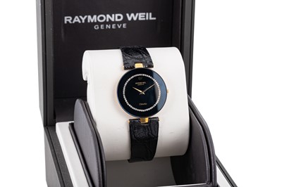 Lot 345 - A RAYMOND WEIL WRIST WATCH, black face with...
