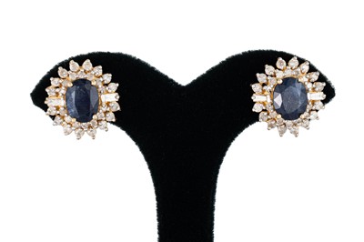 Lot 247 - A PAIR OF SAPPHIRE AND DIAMOND CLUSTER...