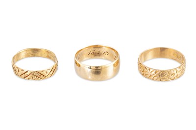 Lot 362 - THREE 18CT YELLOW GOLD BAND RINGS, two with...