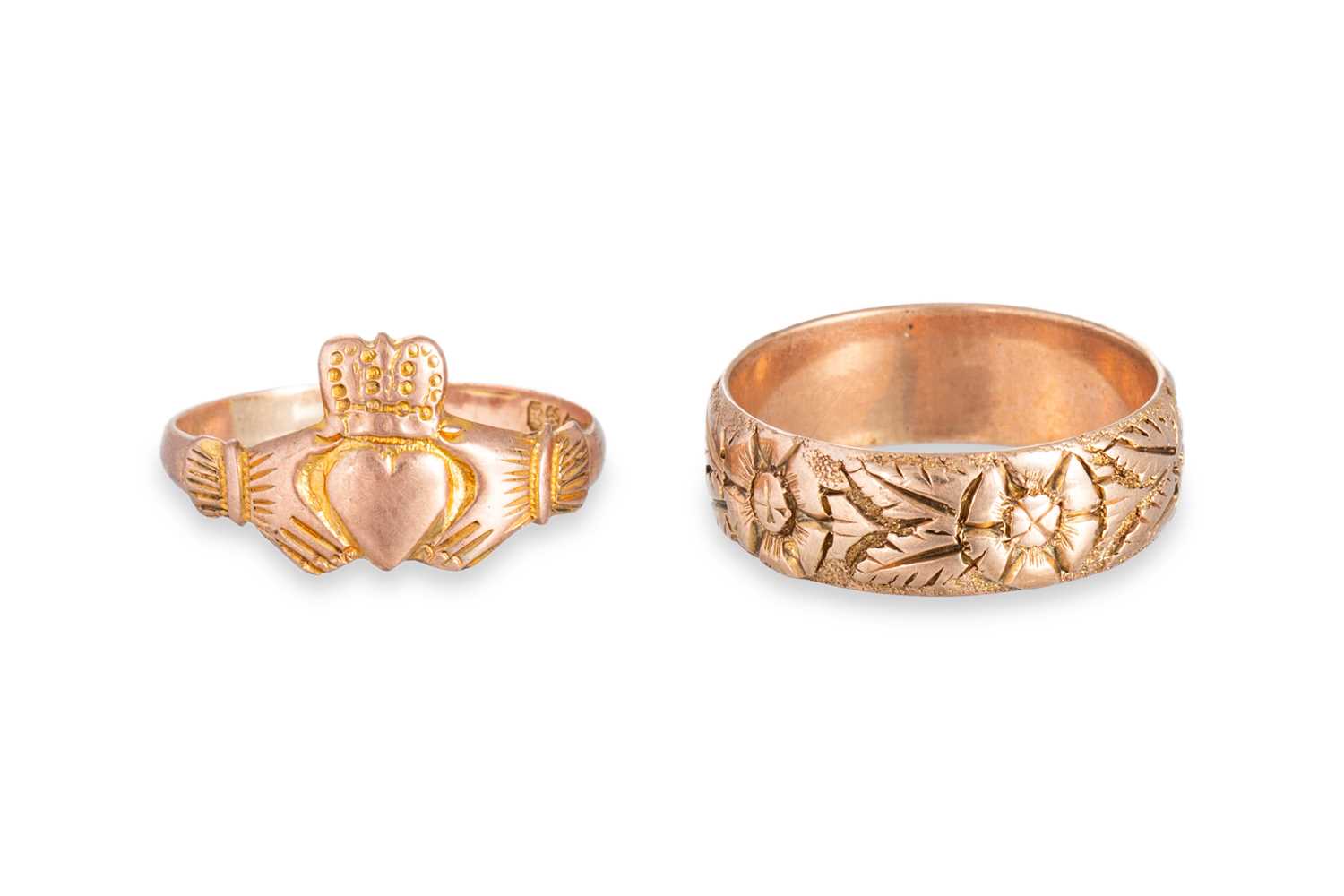 Lot 164 - A 9CT ROSE GOLD CLADDAGH RING, together with...