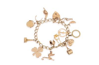 Lot 177 - A 9CT GOLD CHARM BRACELET, with padlock clasp,...