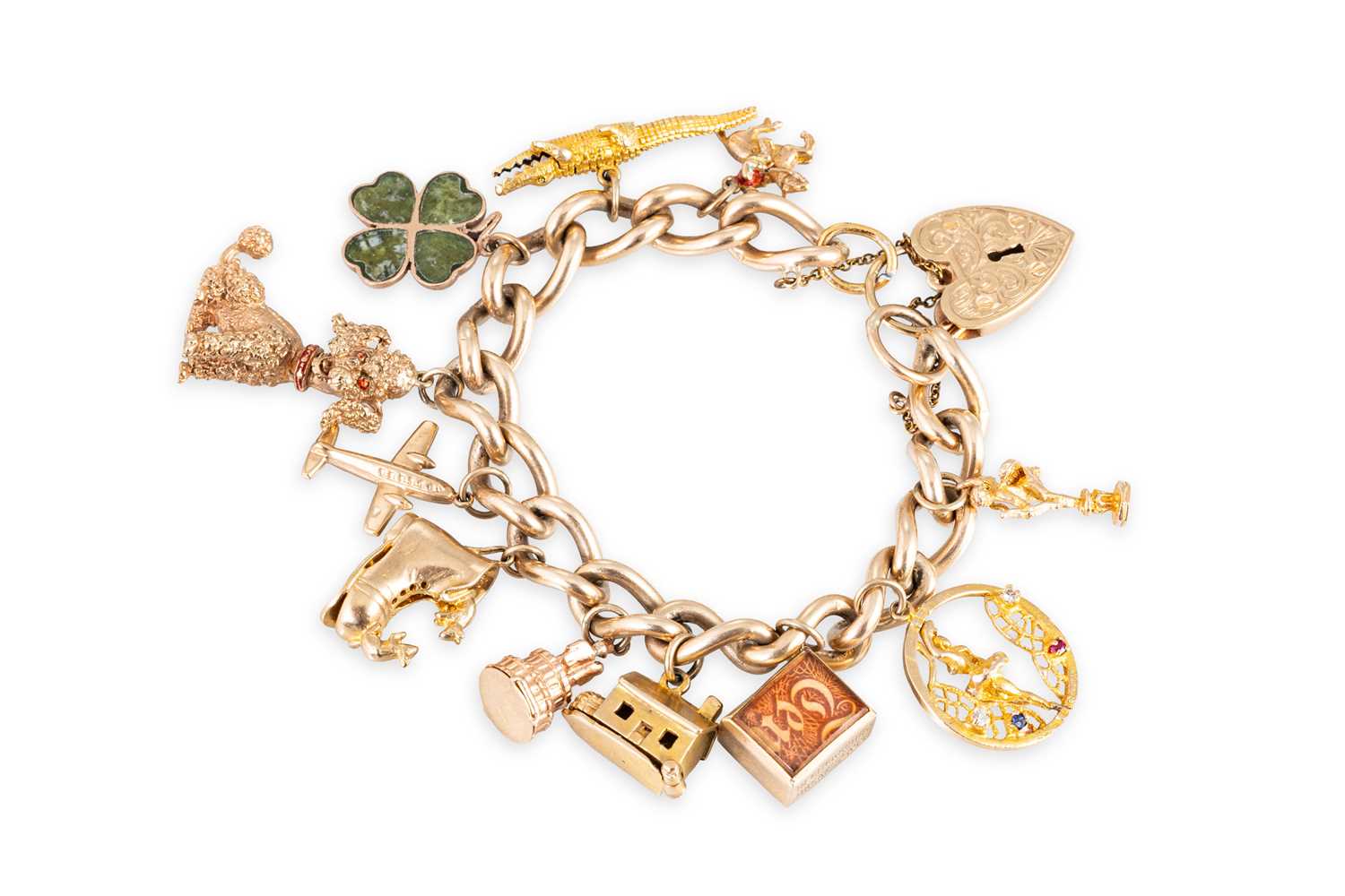 Lot 58 - A 9CT GOLD CURB LINK CHARM BRACELET,...
