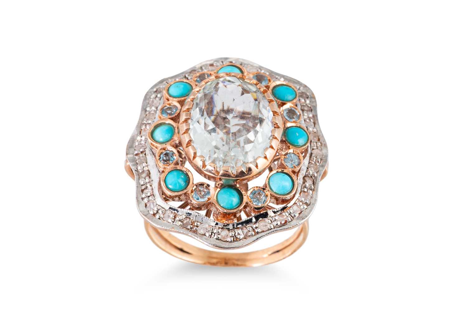 Lot 41 - AN AQUAMARINE, TURQUOISE AND DIAMOND CLUSTER...