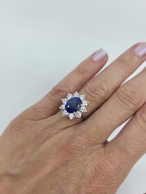 Lot 42 - A SAPPHIRE AND DIAMOND CLUSTER RING, the oval...
