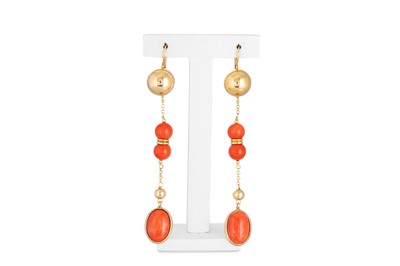 Lot 153 - A PAIR OF CORAL DROP EARRINGS, comprising 18ct...