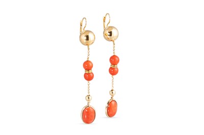 Lot 153 - A PAIR OF CORAL DROP EARRINGS, comprising 18ct...