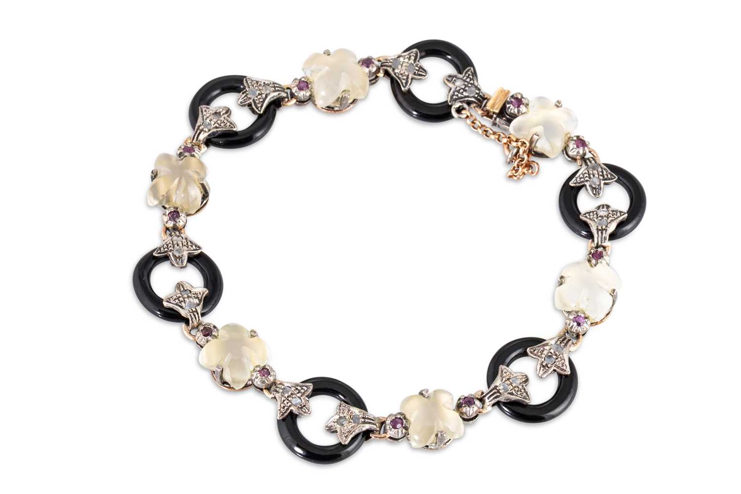 Lot 158 - A QUARTZ, DIAMOND, ONYX AND RUBY BRACELET,...