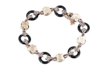 Lot 158 - A QUARTZ, DIAMOND, ONYX AND RUBY BRACELET,...