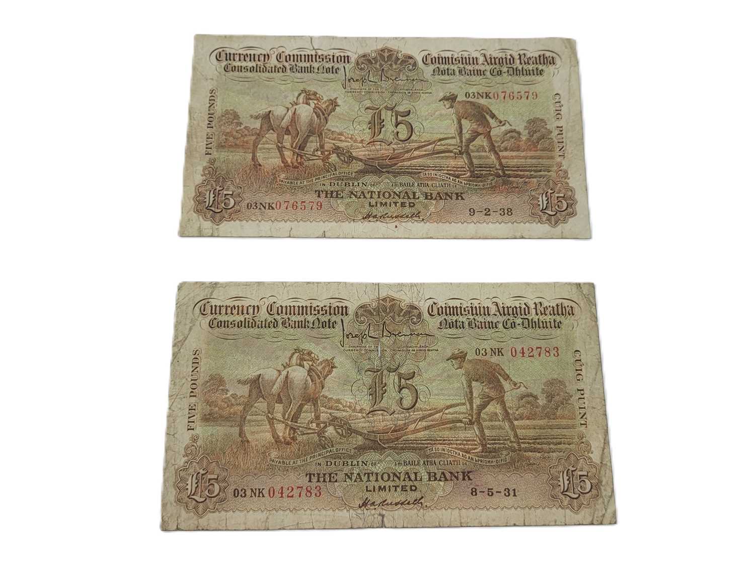 Lot 424 - A PAIR OF IRISH PLOUGHMAN £5 BANKNOTES,...