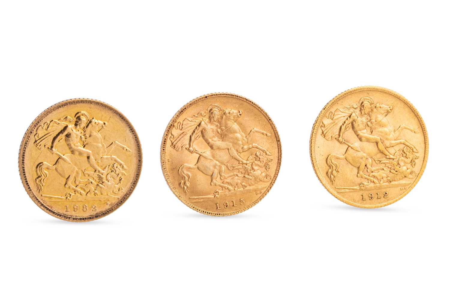 Lot 431 - 3 X HALF GOLD SOVEREIGN ENGLISH COINS, EF 1912,...
