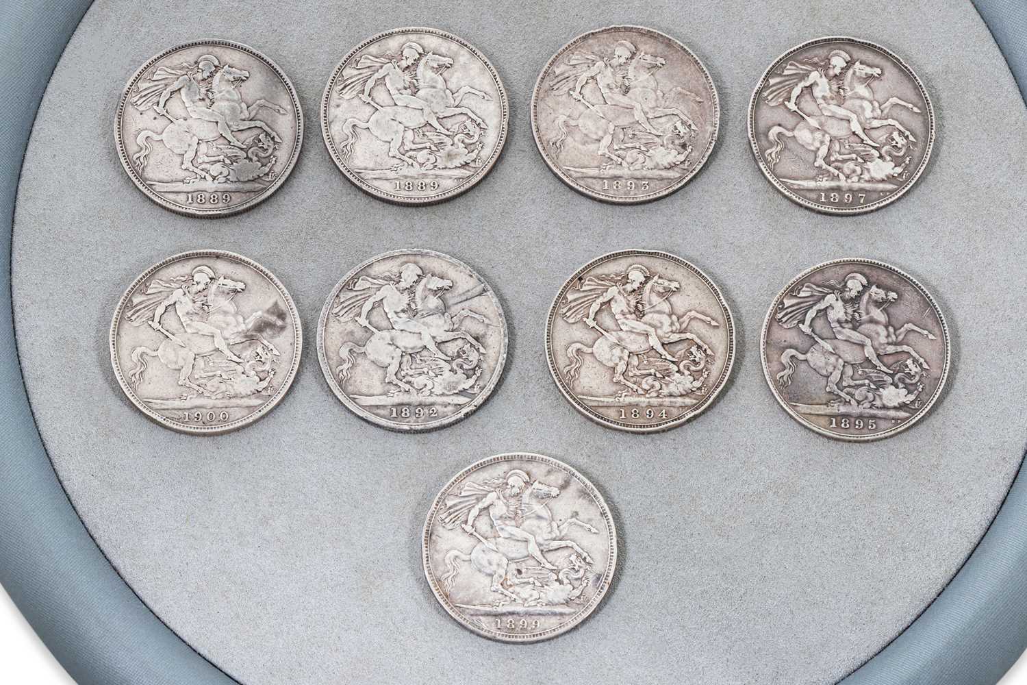 Lot 436 - 9 X VICTORIAN SILVER CROWN COINS, 1889-1900, F-...