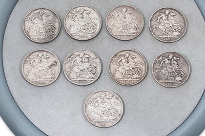 Lot 436 - 9 X VICTORIAN SILVER CROWN COINS, 1889-1900, F-...