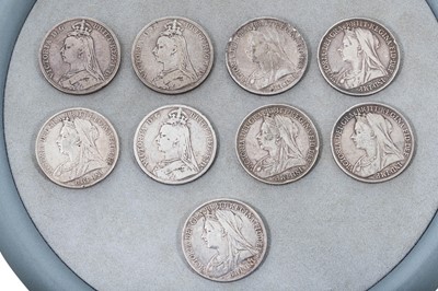 Lot 436 - 9 X VICTORIAN SILVER CROWN COINS, 1889-1900, F-...