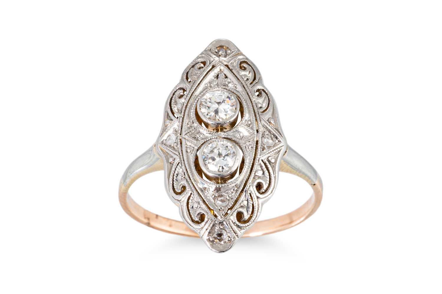 Lot 140 - A VINTAGE DIAMOND SET NAVETTE RING, of...