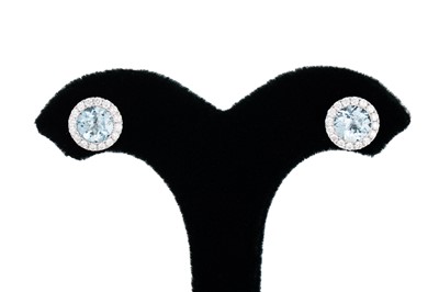 Lot 184 - A PAIR OF AQUAMARINE AND DIAMOND CLUSTER...