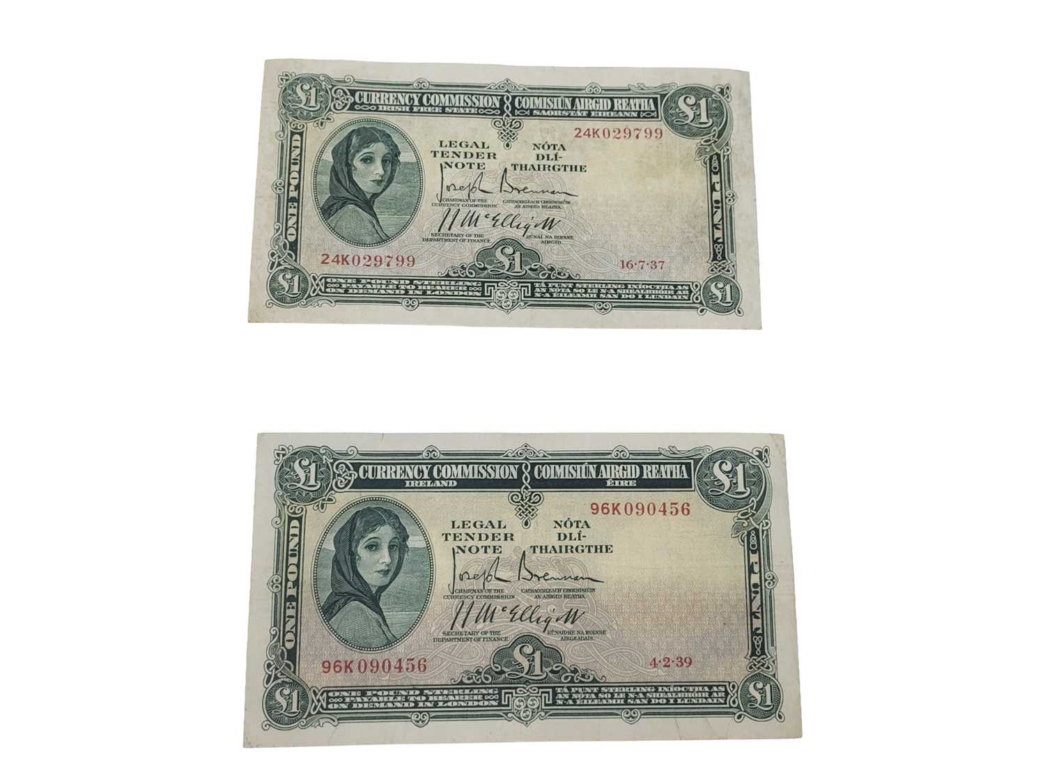 Lot 483 - A PAIR OF IRISH LADY LAVERY £1 BANKNOTES, 16.7....