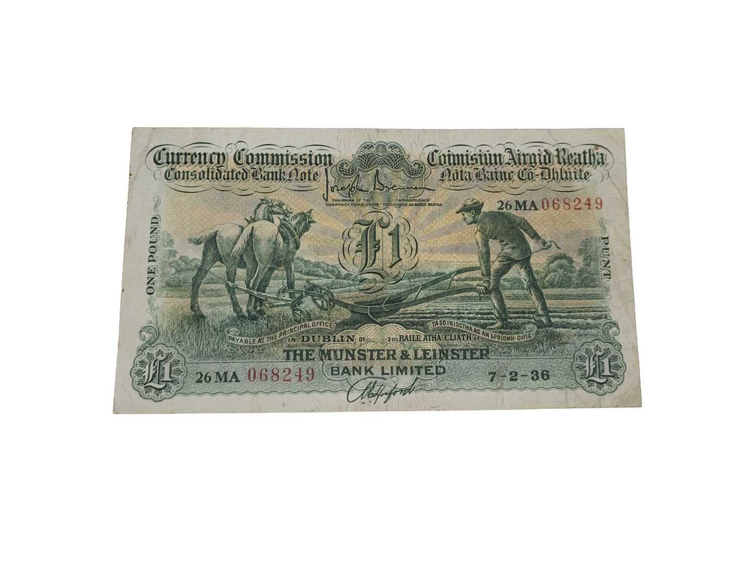 Lot 485 - A 1936 £1 PLOUGHMAN IRISH BANKNOTE, Munster &...