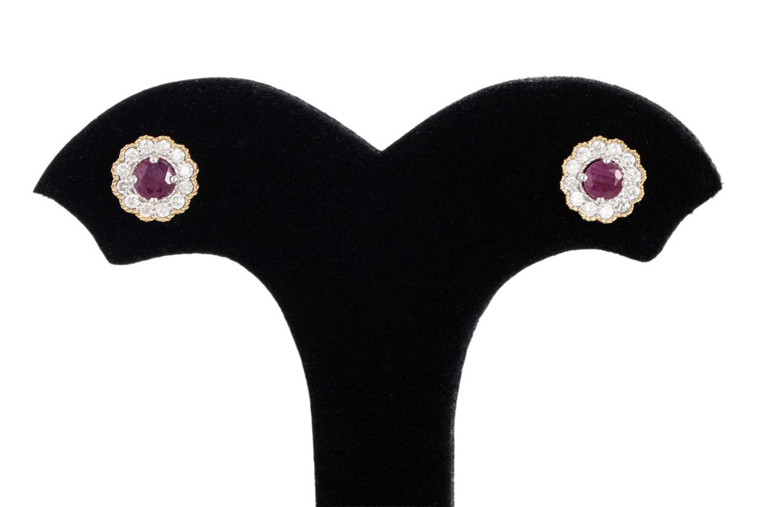 Lot 16 - A PAIR OF RUBY AND DIAMOND CLUSTER EARRINGS,...