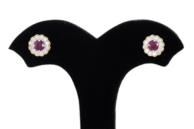 Lot 16 - A PAIR OF RUBY AND DIAMOND CLUSTER EARRINGS,...