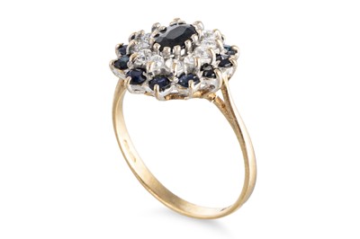 Lot 38 - A SAPPHIRE AND STONESET CLUSTER RING, mounted...