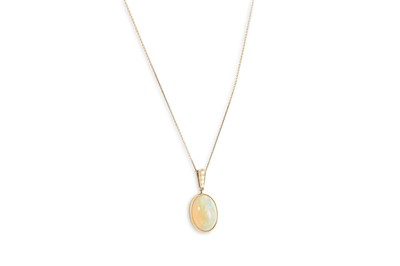 Lot 96 - AN OPAL AND DIAMOND PENDANT, mounted in 18ct...