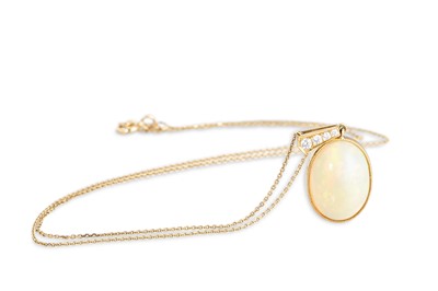 Lot 96 - AN OPAL AND DIAMOND PENDANT, mounted in 18ct...