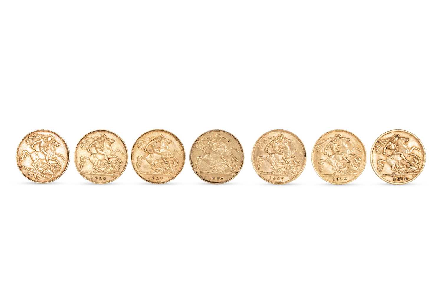 Lot 499 - SEVEN EDWARDIAN AND GEORGE V 22CT GOLD ENGLISH...