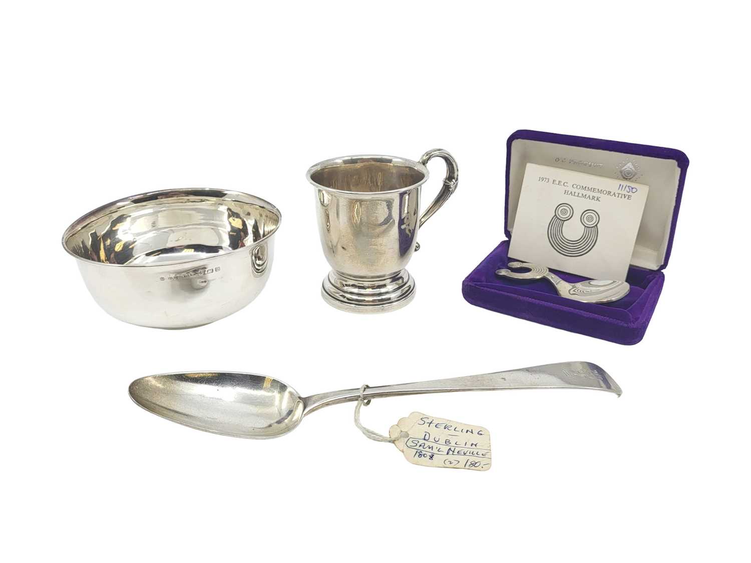 Lot 539 - A STERLING SILVER BOWL, a christening mug, a...